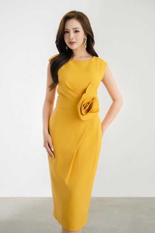 Sixdo Yellow 3D Flower Raw Midi Dress